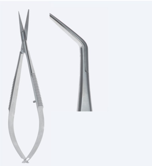 Ножиці, хірургічні, "Noyes", мікро, вигнуті, під кутом, з одним тупим і одним гострим кінцем, загальна довжина 115 мм, 4 1/2"